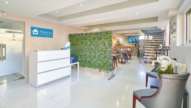 Un área de recepción con mostrador, pared verde con flores moradas, una escalera y un espacio de estar con un jarrón de flores blancas.