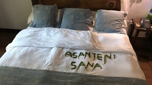 A bed with a white and gray bedspread, blue pillows with a floral pattern, and a canopy. - Room in Guest Room - A Wonderful Beach Property in Diani Beach Kenya - a Dream Holiday Place (Mombasa)