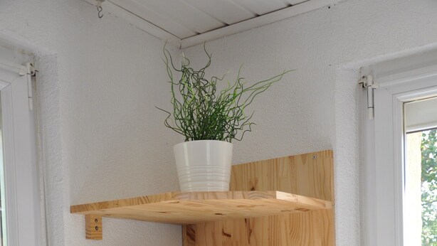 Una cocina con un estante de madera que sostiene una planta, un hervidor, un tostador y un tarro de fresas.