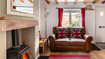 Smart TV, fireplace, books