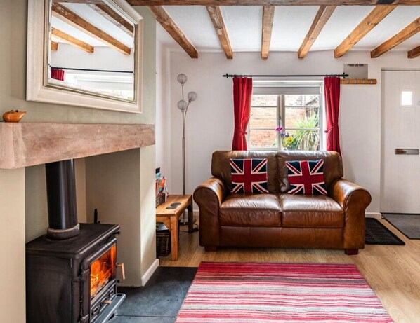 Smart TV, fireplace, books