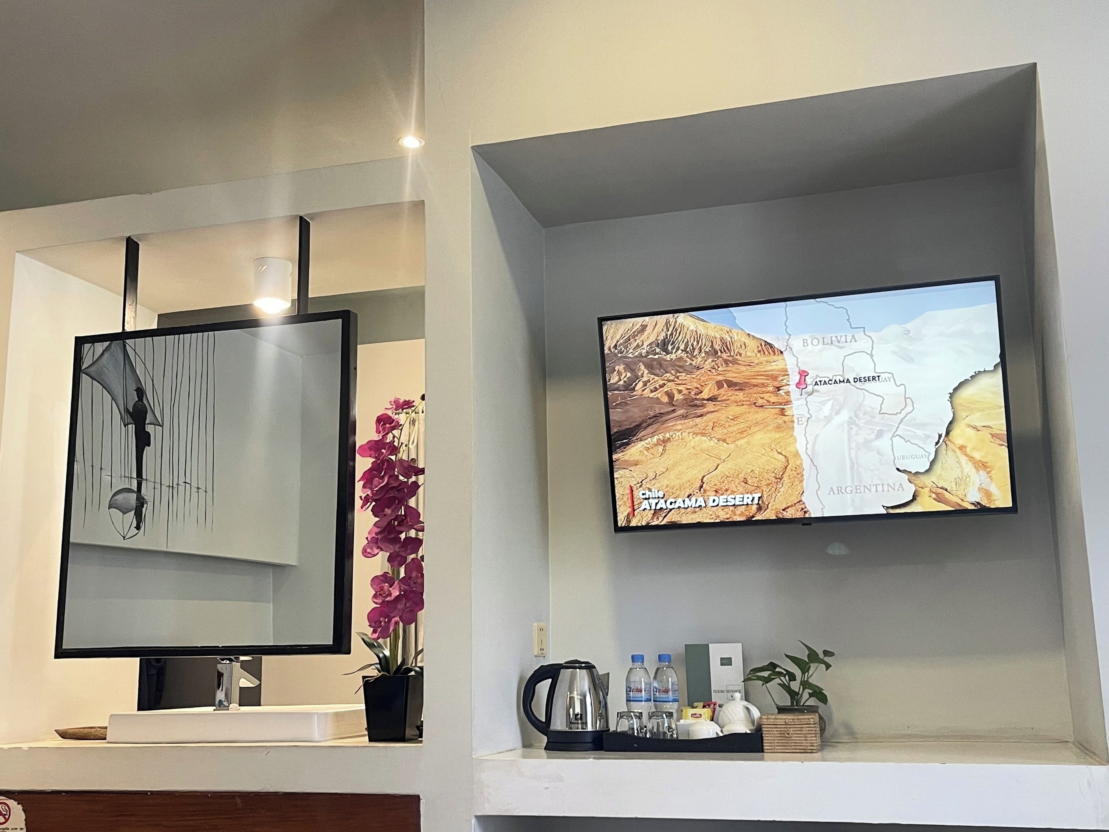 A modern bathroom with a large mirror, a potted orchid, and a flat-screen TV displaying a map.