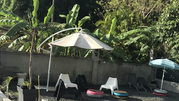 Ein Poolbereich mit Liegestühlen, einem kleinen Tisch und Topfpflanzen.
