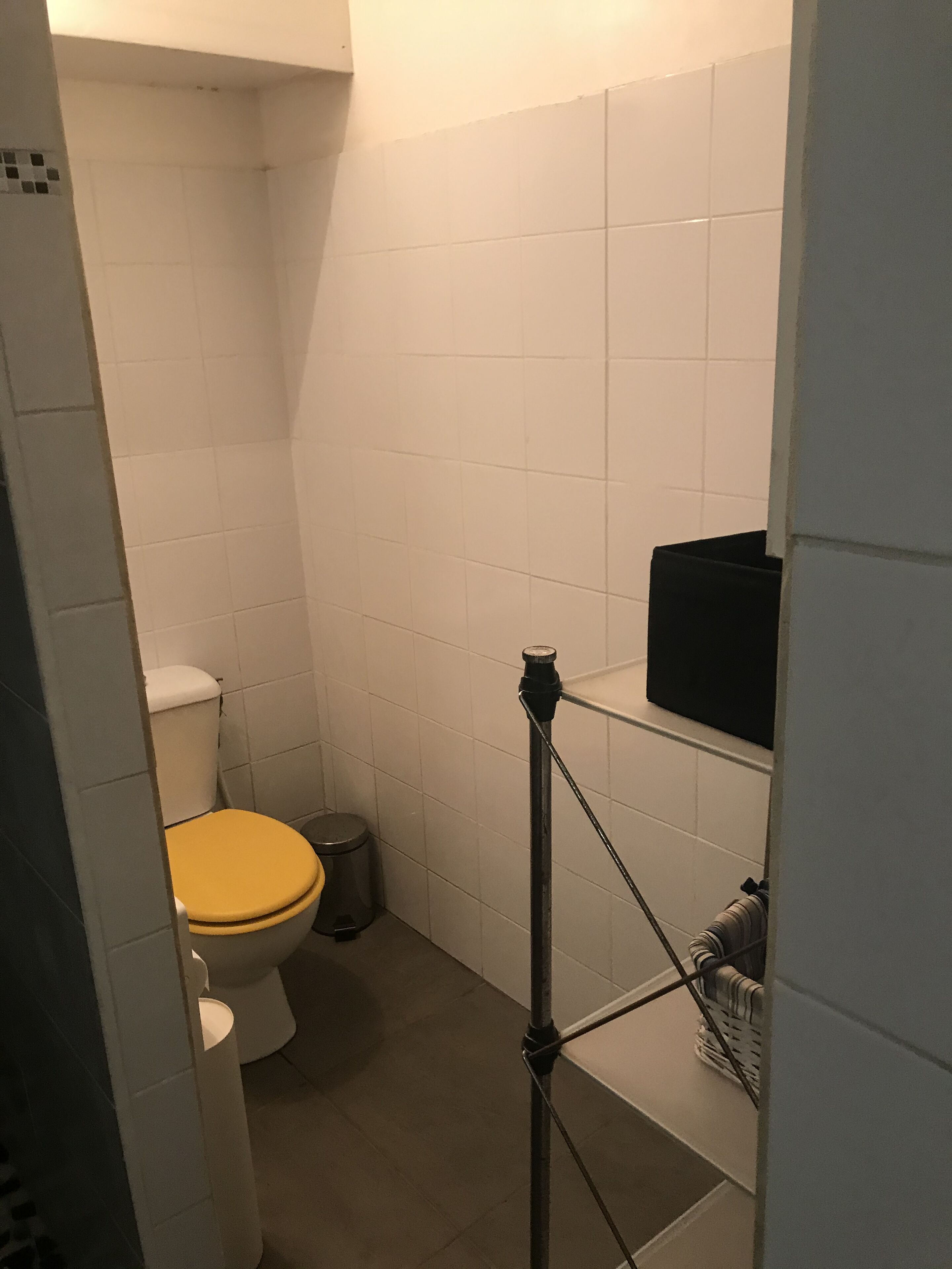 A small bathroom with a toilet, a trash bin, and a metal rack.
