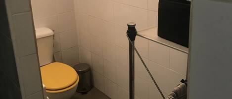A small bathroom with a toilet, a trash bin, and a metal rack.
