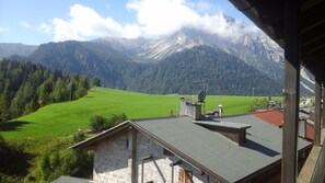 A view from a building with a stone facade and metal roof, overlooking a green field and a mountain range. - Hotel Bivera Sauris (Sauris)