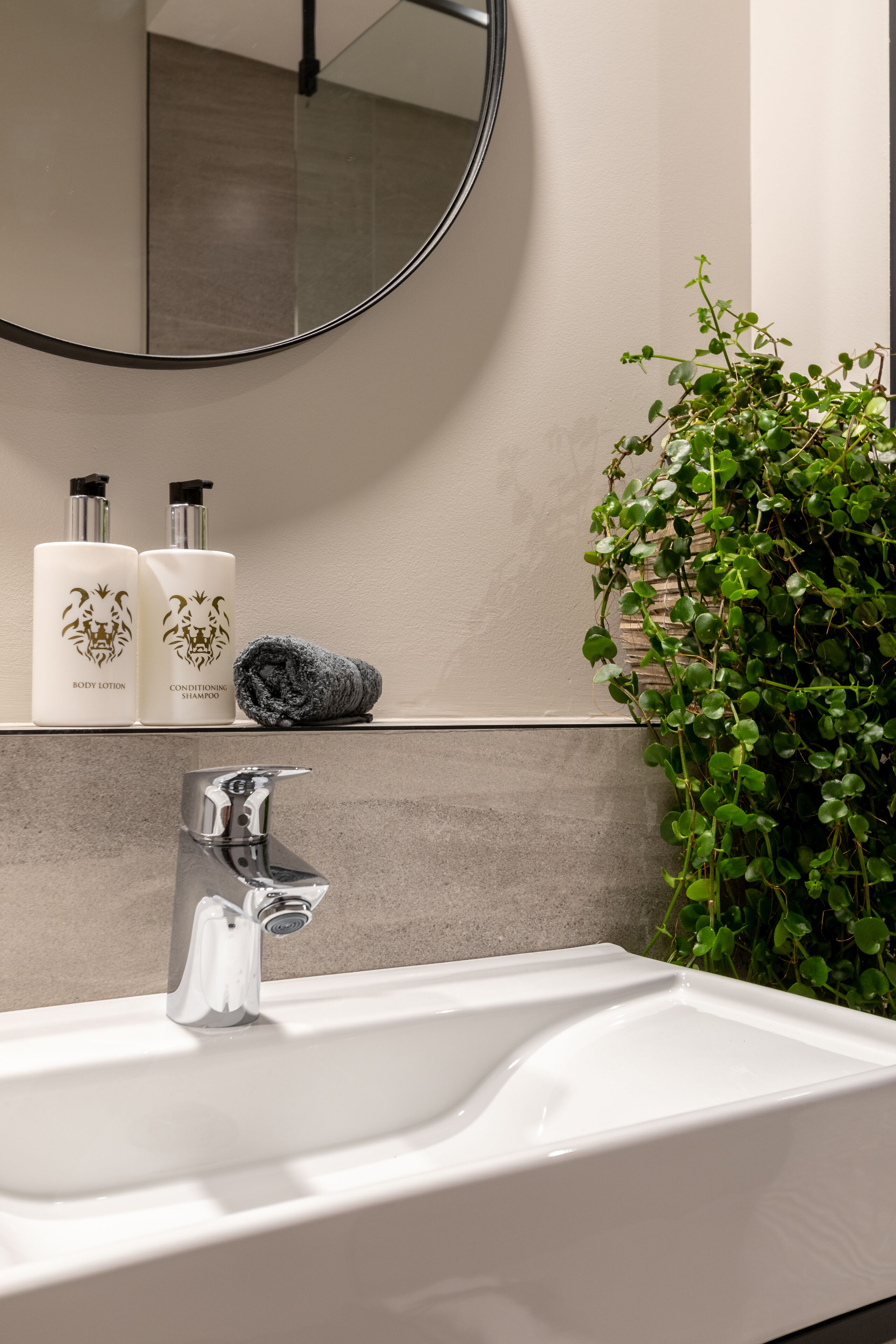 A bathroom with a white sink, a mirror, and two bottles of body lotion and shampoo.