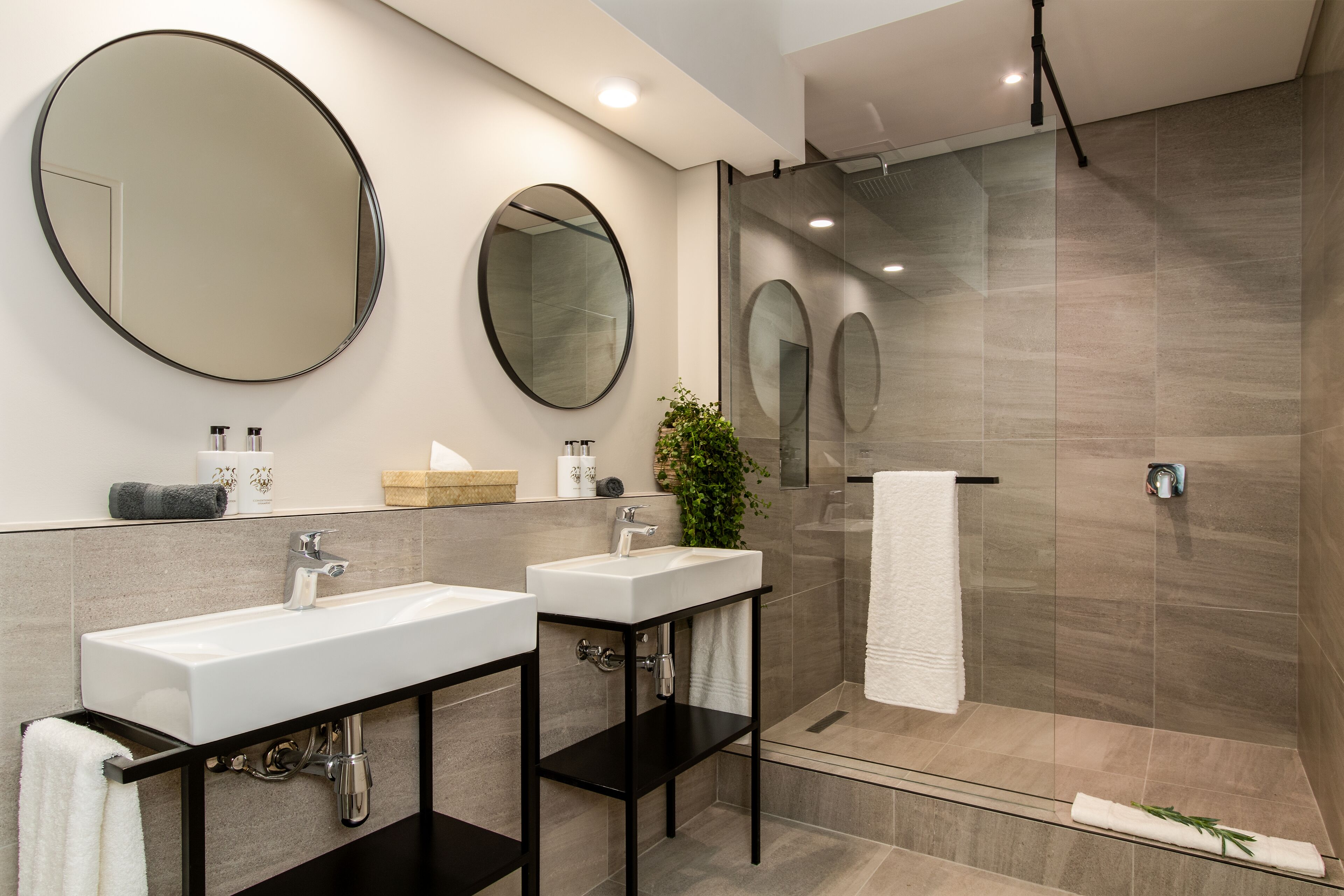 designer toiletries, towels, soap, shampoo