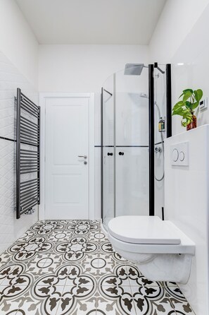 A modern bathroom with a glass shower enclosure, a white toilet, and patterned floor tiles.