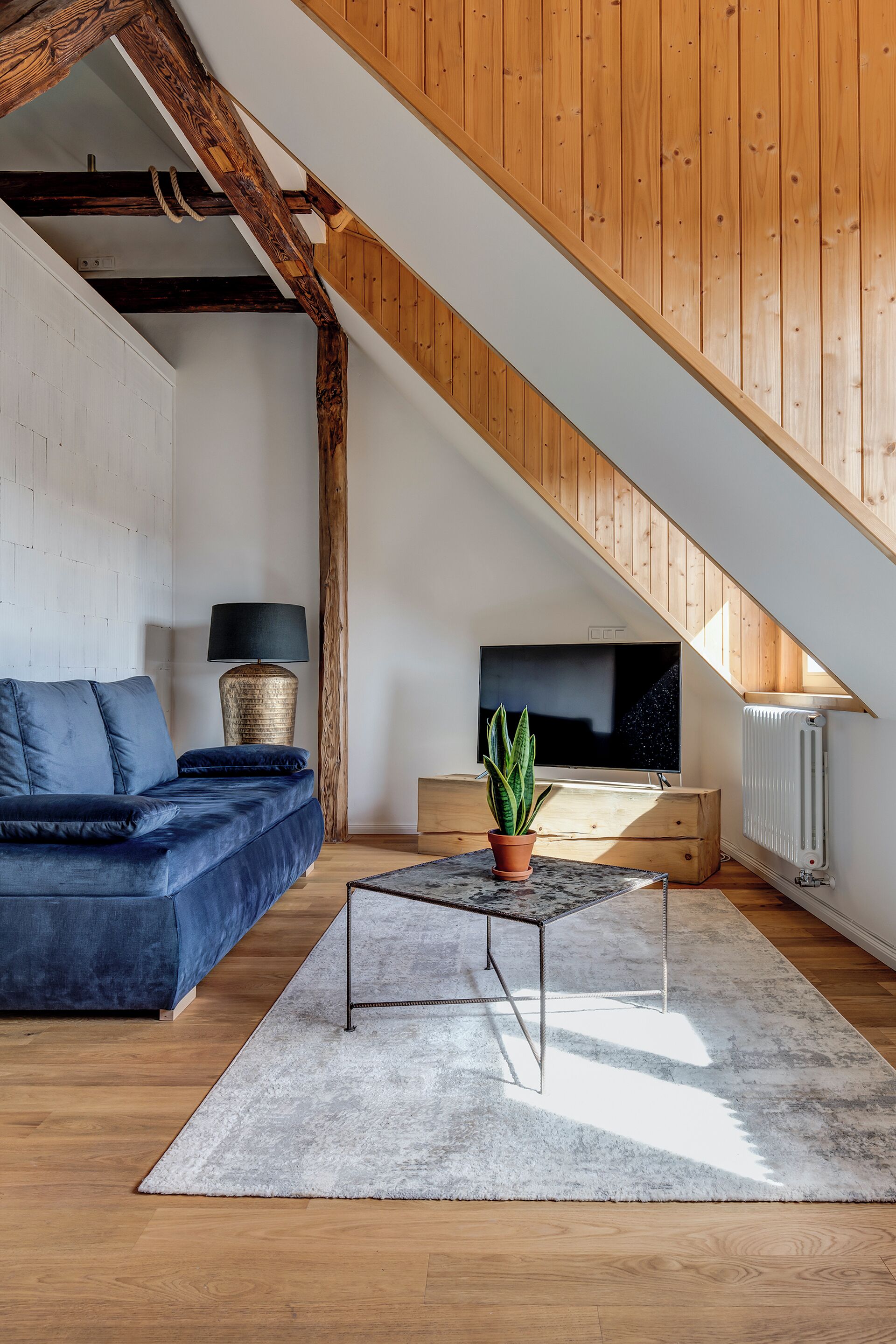 Et moderne loftværelse med synlige træbjælker, et stort vindue, en blå sofa, en gulvlampe og en potteplante.