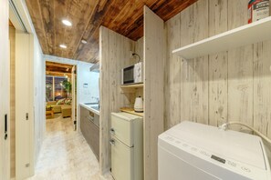 Fridge, microwave, cookware/dishes/utensils