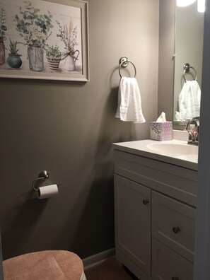 A bathroom with a toilet, sink, mirror, towel rack, and a framed floral painting on the wall. - Duplex Apt (Sunshine Suite) (Richmond)