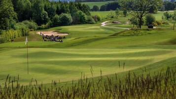 Ein Golfplatz mit Fahnenstange, Sandbunkern und einem Baum.