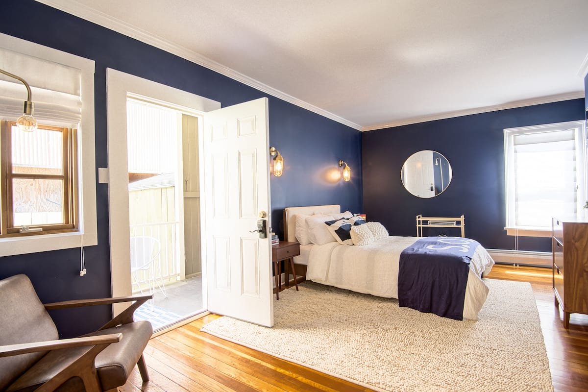 Premium bedding, memory foam beds, desk, laptop workspace