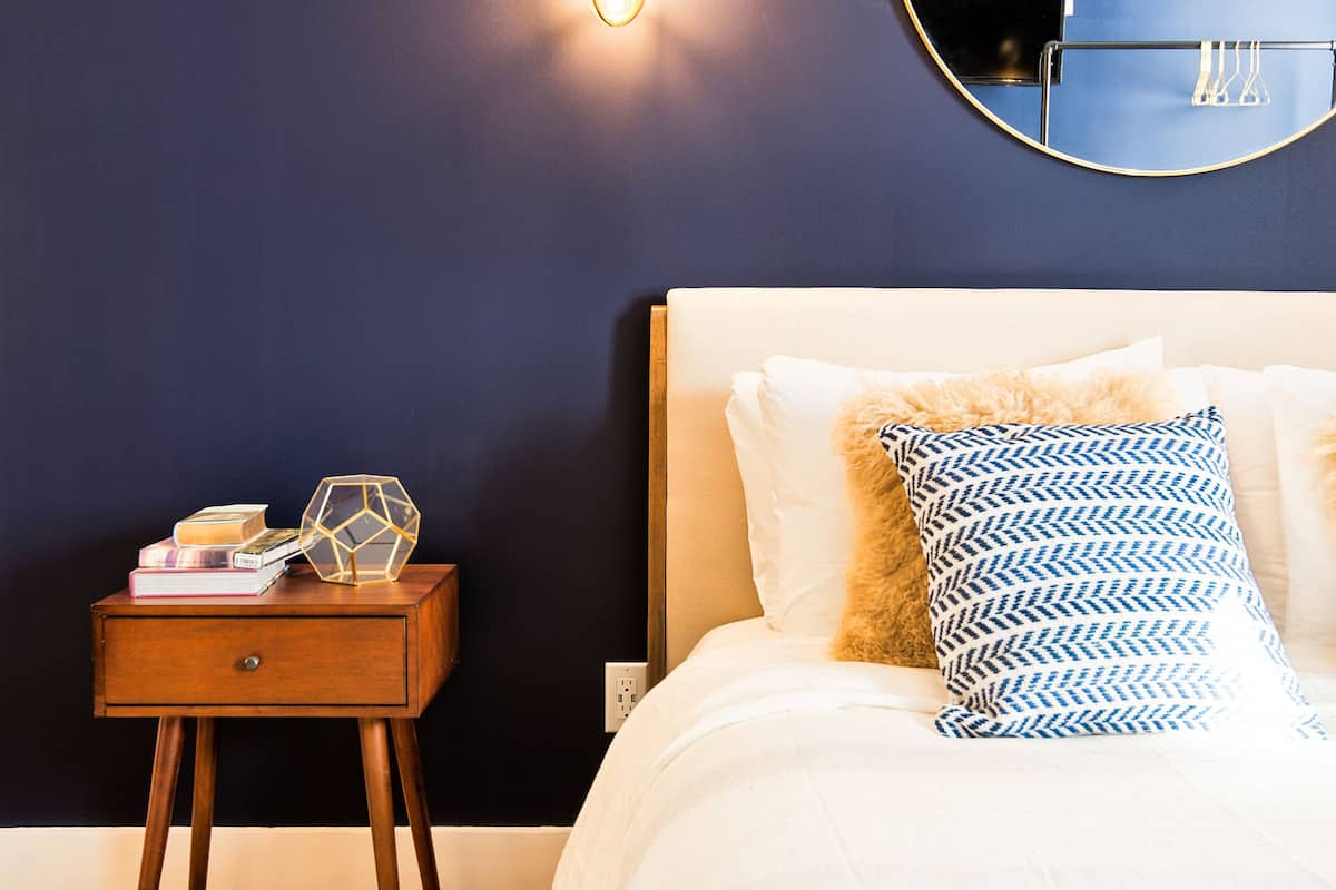 Premium bedding, memory foam beds, desk, laptop workspace