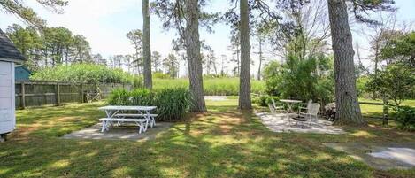 A backyard with a picnic table and chairs, surrounded by trees and a wooden fence.