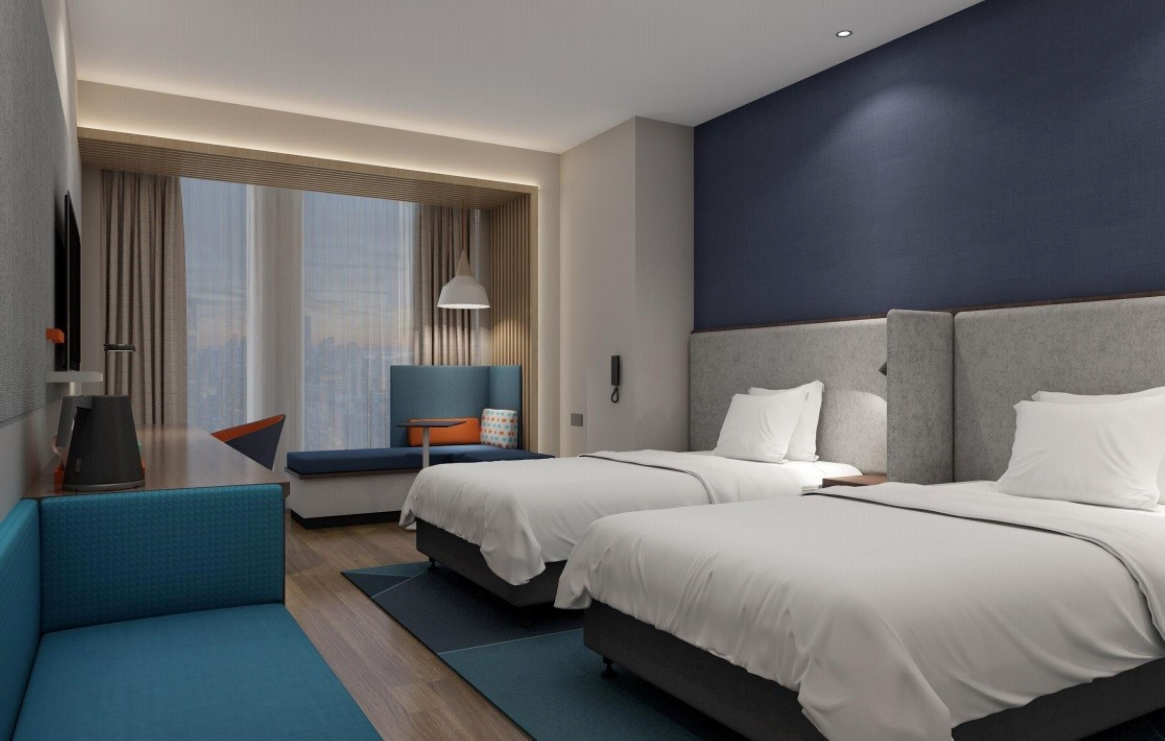 A modern hotel room with two beds, a seating area, and a large window with curtains.