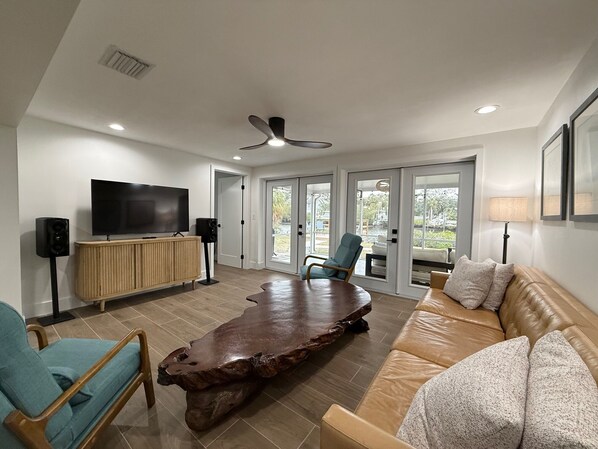 Smart TV, DVD player, books, video library