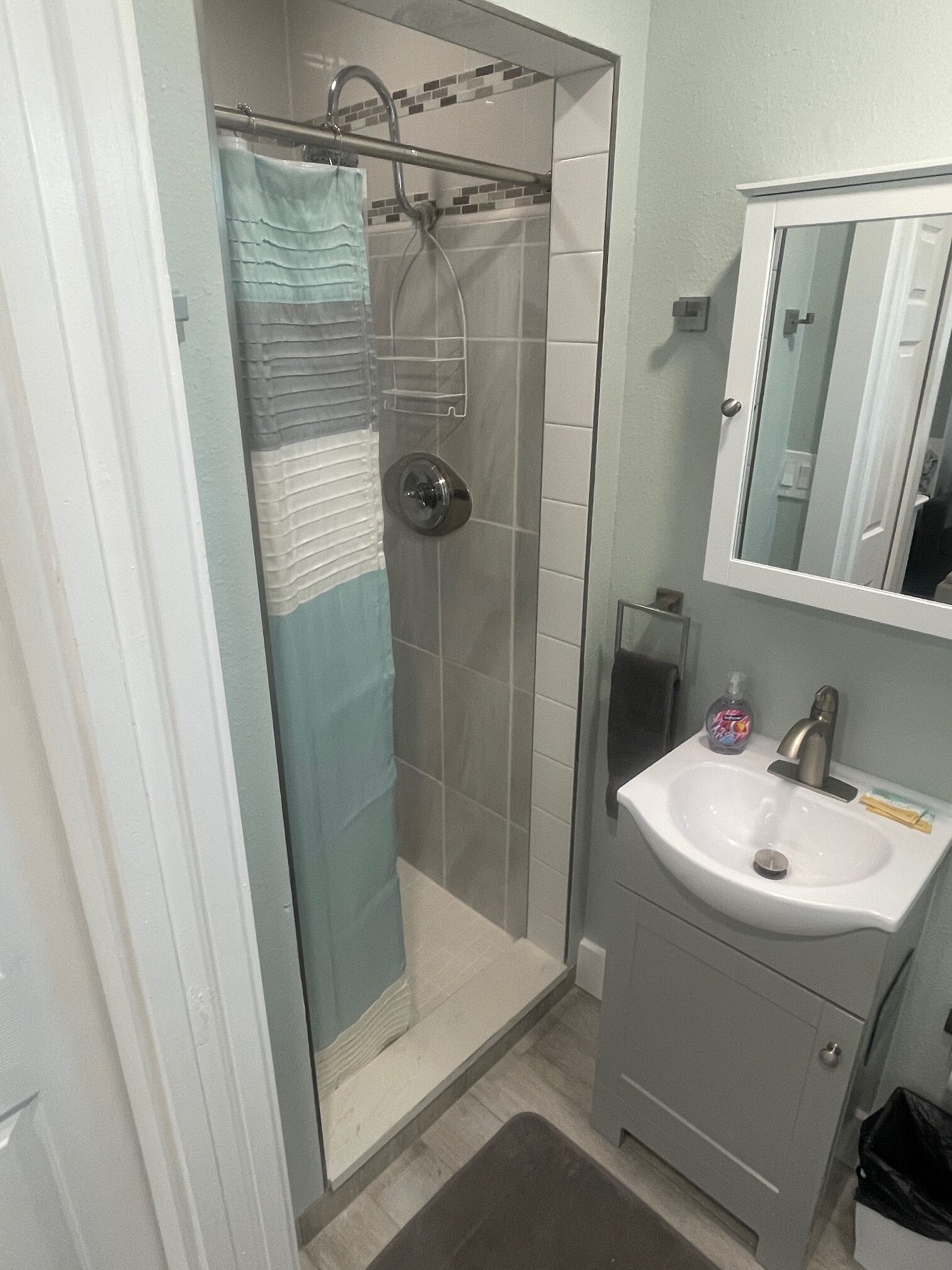 A bathroom with a shower, a sink, and a mirror.