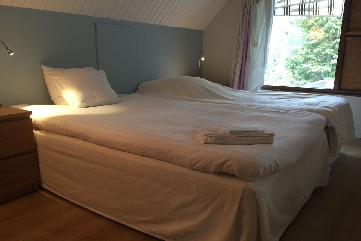 A bedroom with two beds, a wooden nightstand, and a window with curtains.