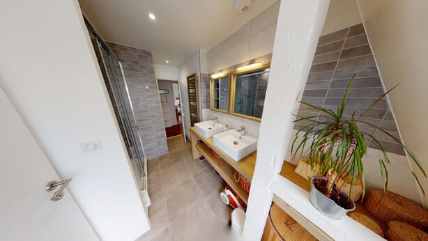 A modern bathroom with a glass shower, two sinks, and a large mirror. - quai koch 90m2 city center    3br (Strasbourg)