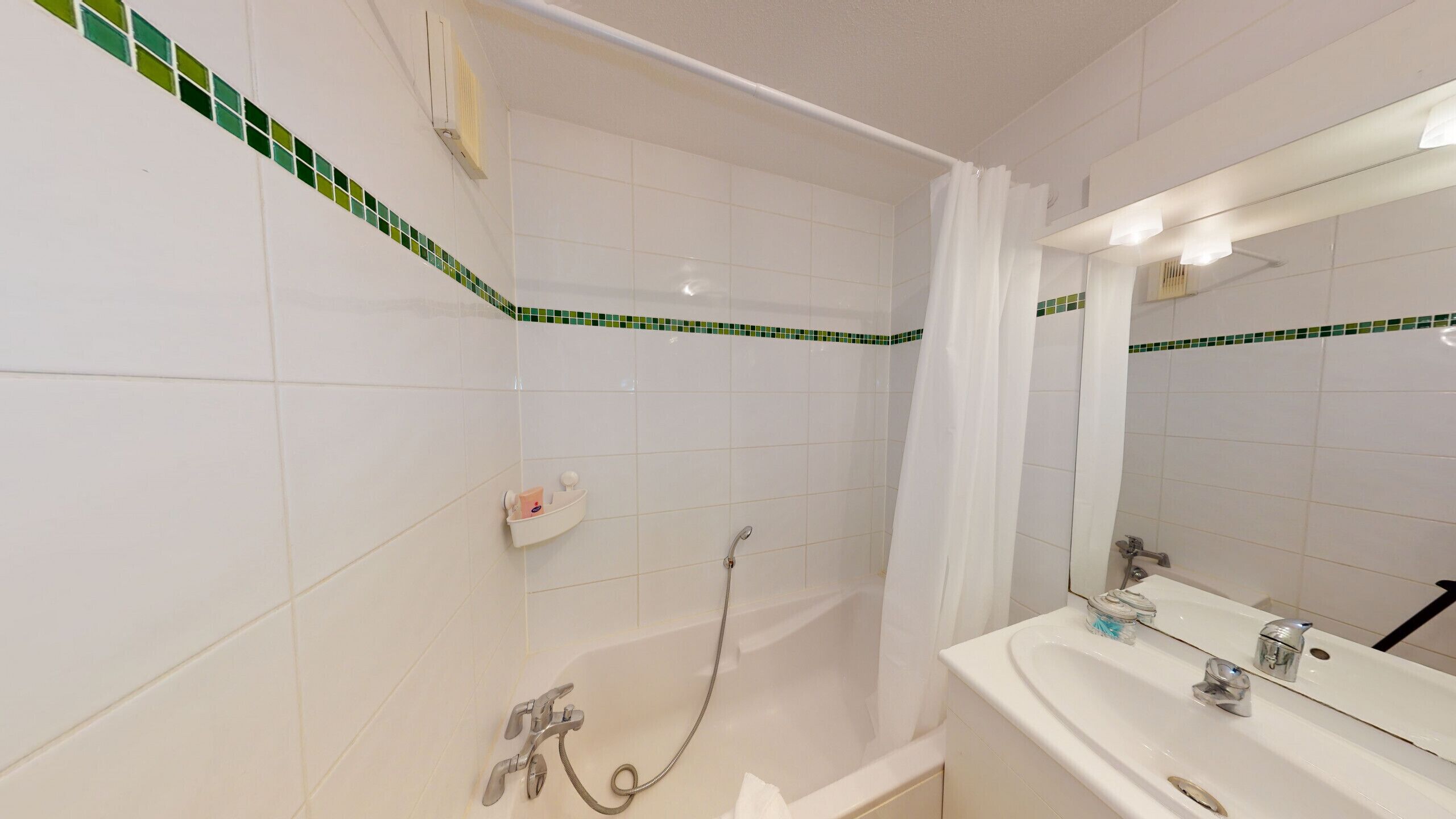 Bathtub, hair dryer, towels, toilet paper