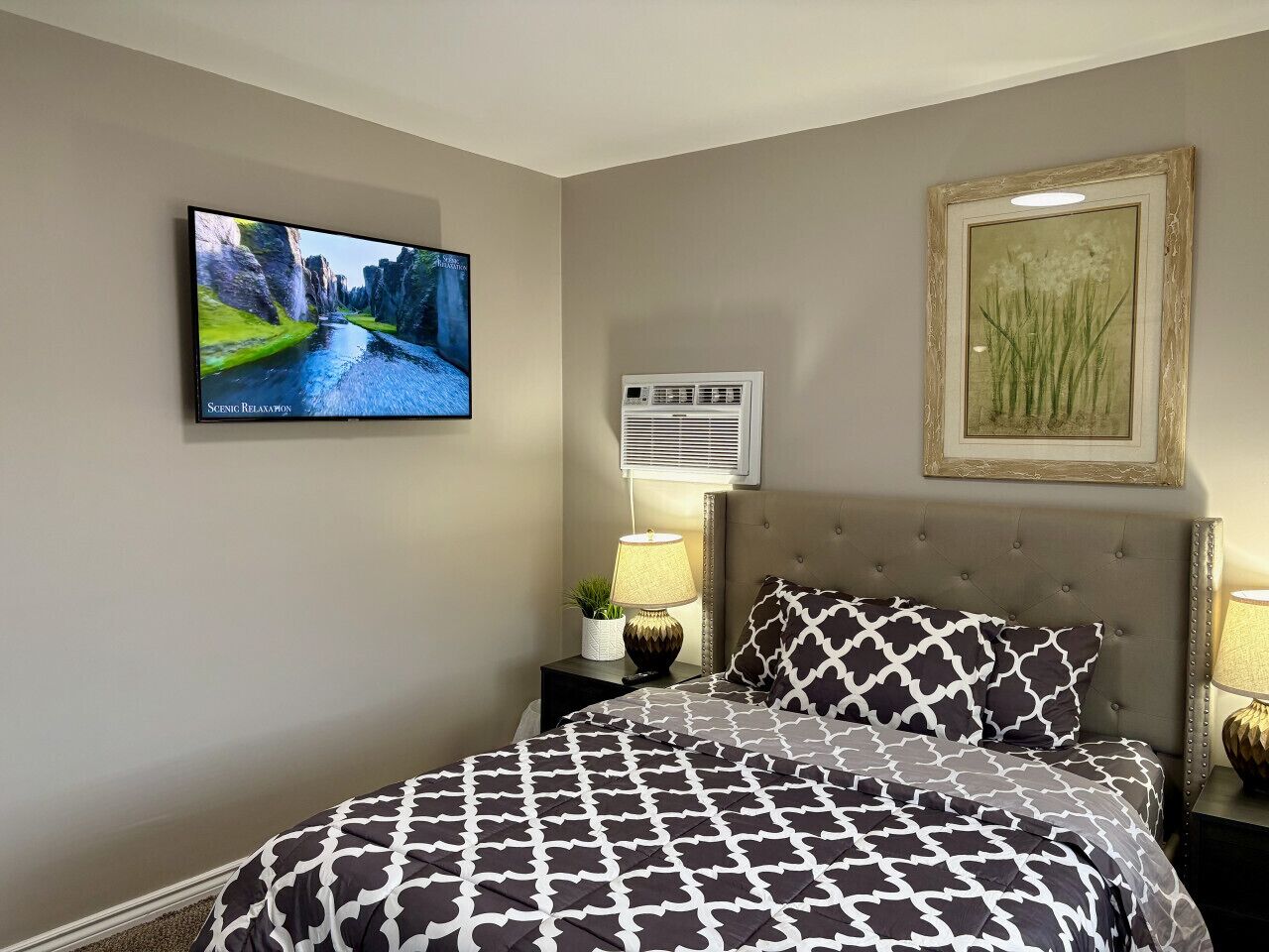 A bedroom with a bed, a TV, an air conditioner, and a framed picture on the wall.