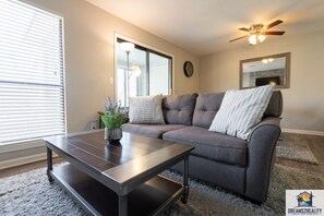 Een televisie, een open haard en een dvd-speler