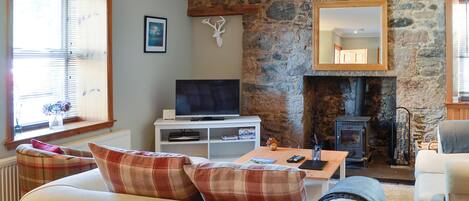 A cozy living room with a stone wall, a fireplace, a television, and a comfortable sofa.