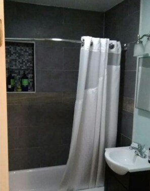 Combined shower/tub, hair dryer, towels, soap