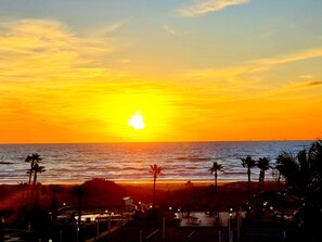 On the beach, sun loungers, beach towels