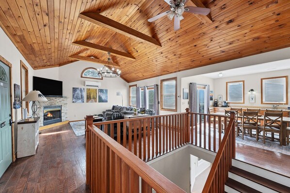 TV, fireplace, video games, foosball