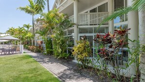 Un hôtel doté d’un espace extérieur abrité avec des sièges, d’une pelouse bien entretenue et d’une variété de plantes tropicales.