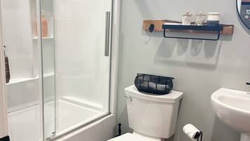 Hair dryer, towels, soap, shampoo