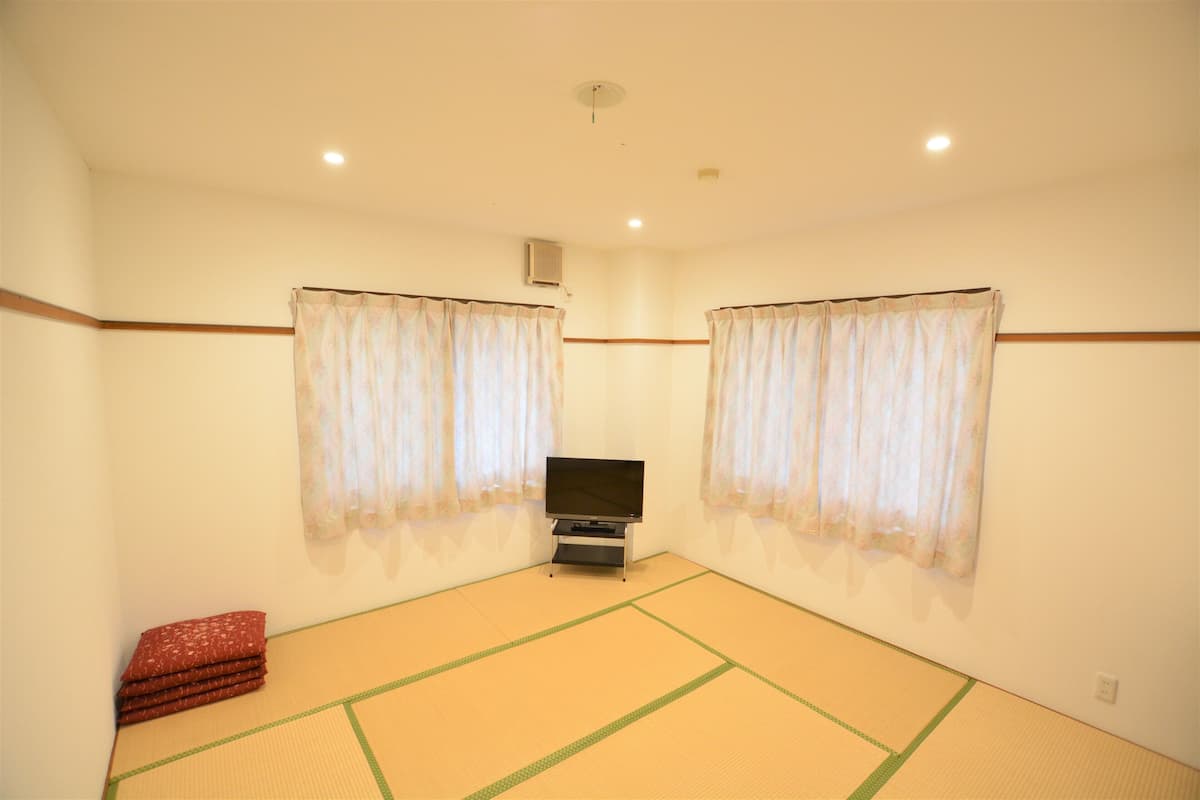 A room with tatami flooring, a television, and two windows with curtains.
