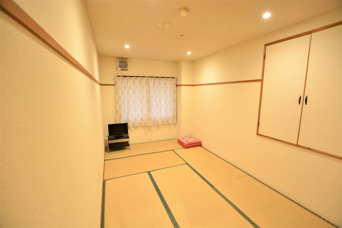 A room with tatami flooring, a television, a wardrobe, and a window with a curtain.
