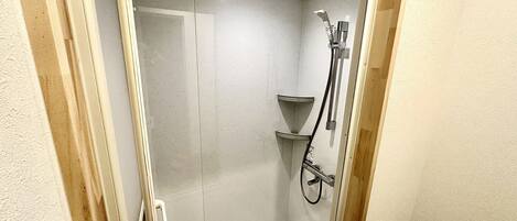 A small, enclosed shower area with a glass door, a showerhead, and a handheld shower attachment.