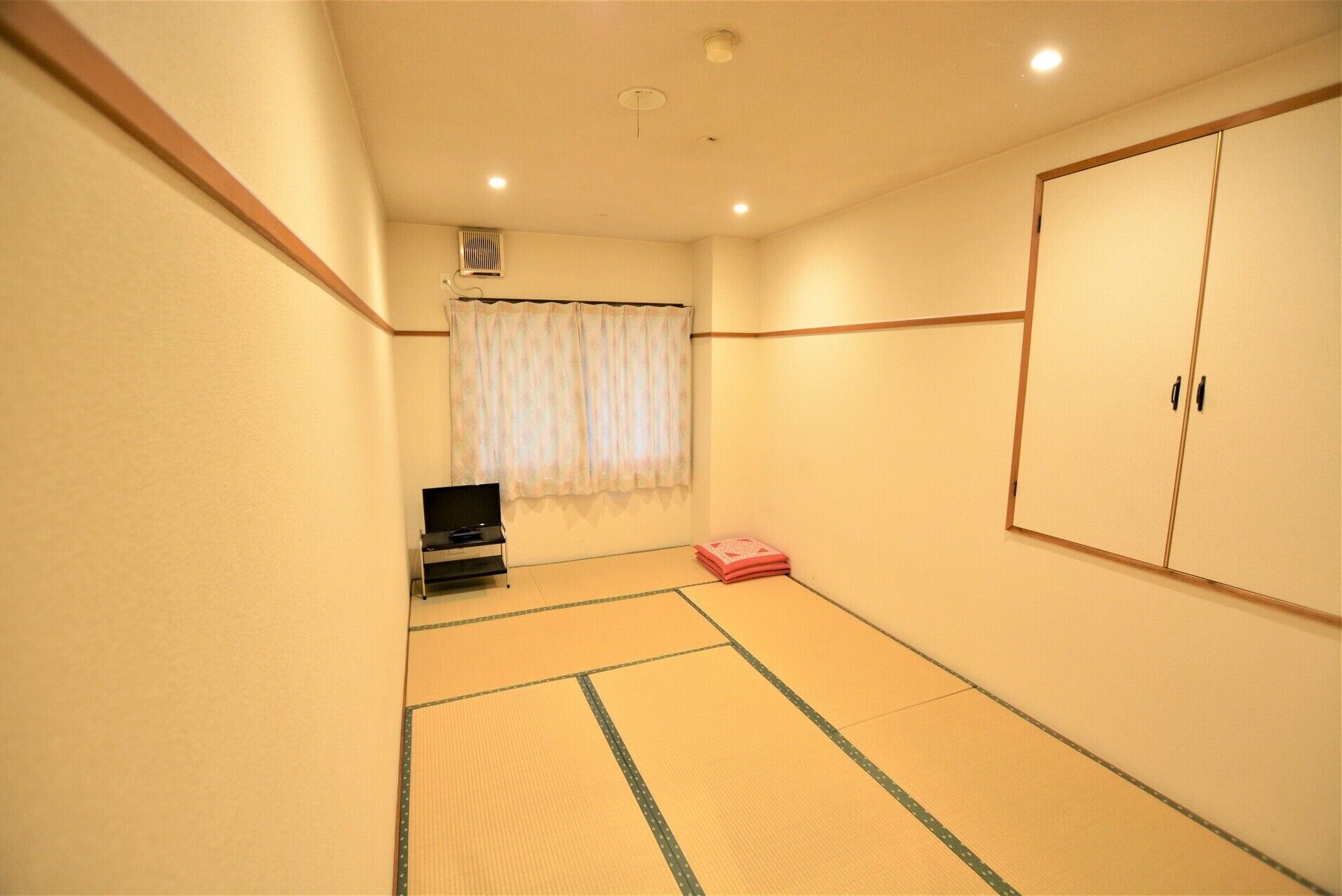 A room with tatami flooring, a television on a stand, a wardrobe, and a window with curtains.