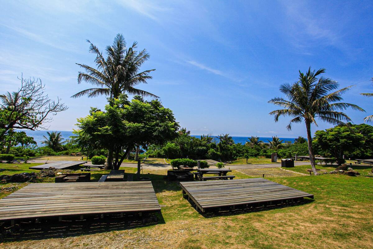 A wooden deck area with picnic tables and benches, surrounded by palm trees and a view of the ocean.