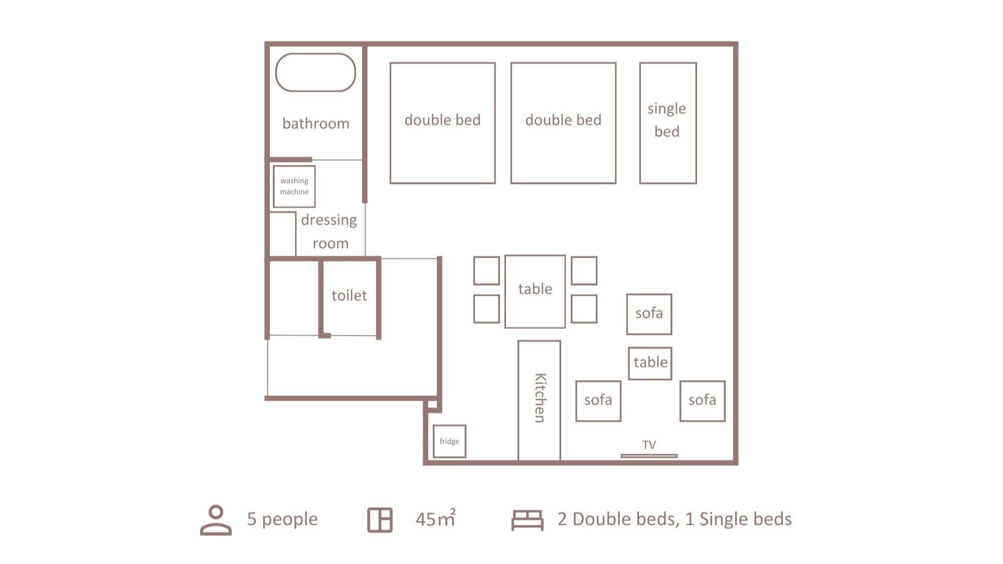 Un appartement de 45 m² comprenant deux lits doubles, un lit simple, une salle de bain, un lave-linge, un dressing, des toilettes, une cuisine, un réfrigérateur, une télévision et trois canapés.