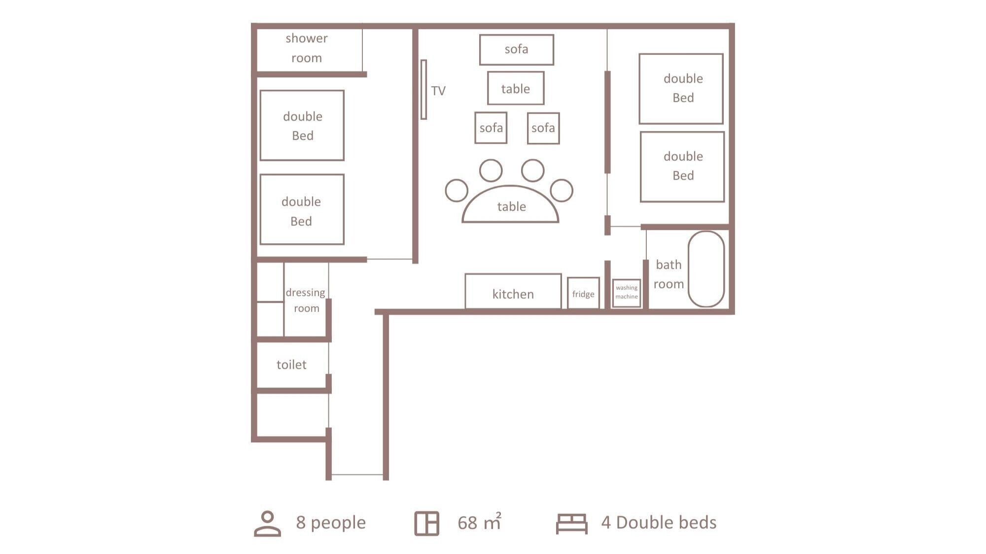 A floor plan of a 68 m² apartment with 4 double beds, a TV, a sofa, a table, a kitchen, a fridge, a washing machine, a bathroom, a dressing room, and a toilet.