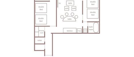 A floor plan of a 68 m² apartment with 4 double beds, a TV, a sofa, a table, a kitchen, a fridge, a washing machine, a bathroom, a dressing room, and a toilet.
