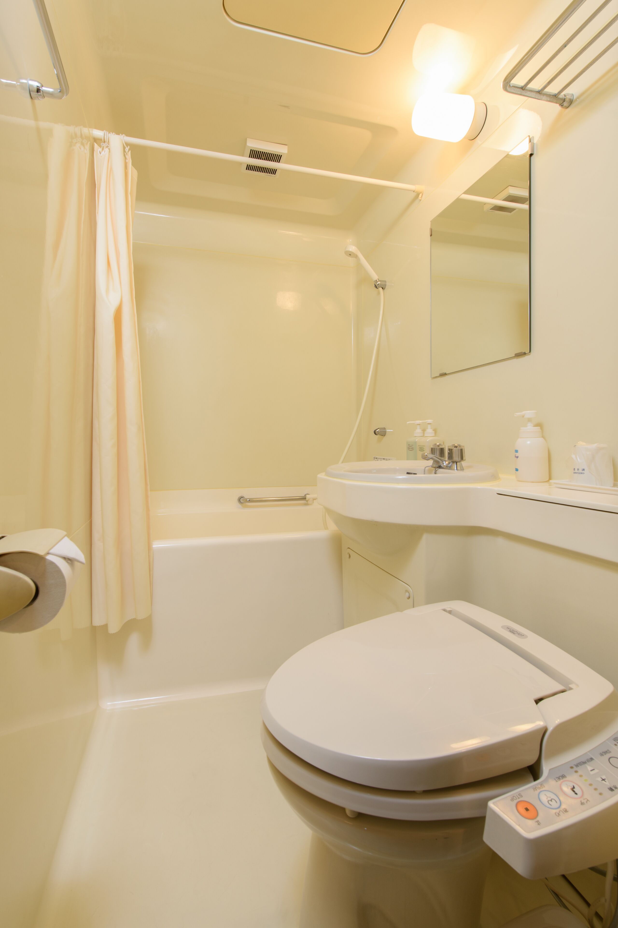 combined shower/bathtub, free toiletries, hair dryer, slippers