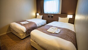 A hotel room with two beds, a wooden headboard, a window with curtains, and a carpeted floor. - Hotel Vine Osaka Kitahama (Osaka)
