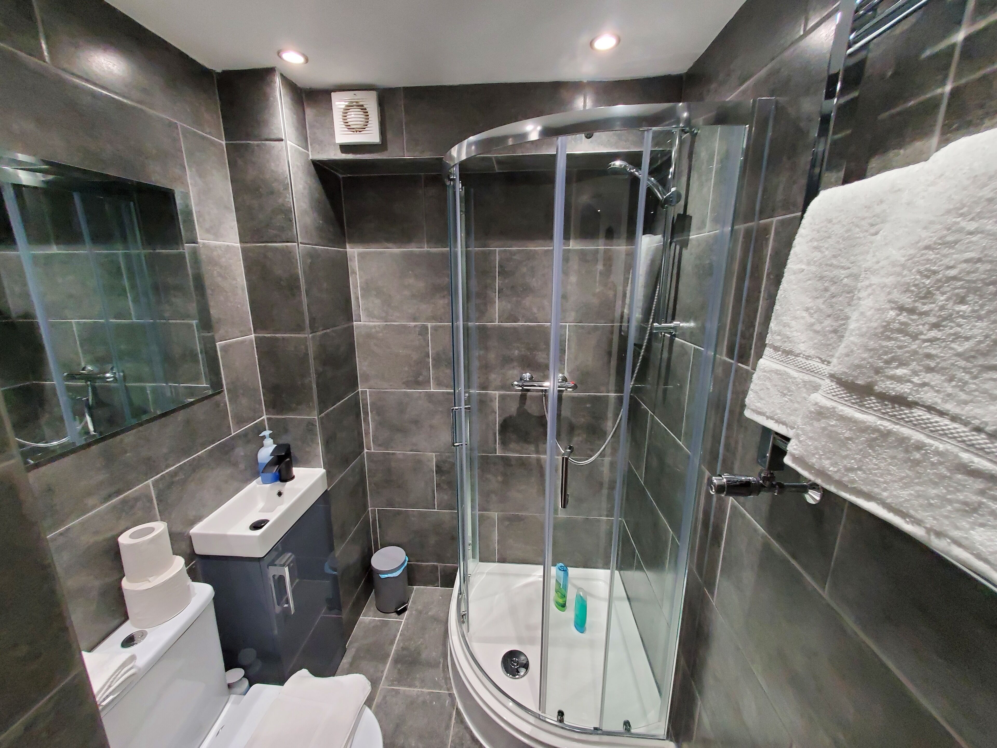 Een moderne badkamer met een douchecabine van glas, een toilet, een wastafel en een spiegel.