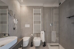 Shower, rainfall showerhead, eco-friendly toiletries, hair dryer