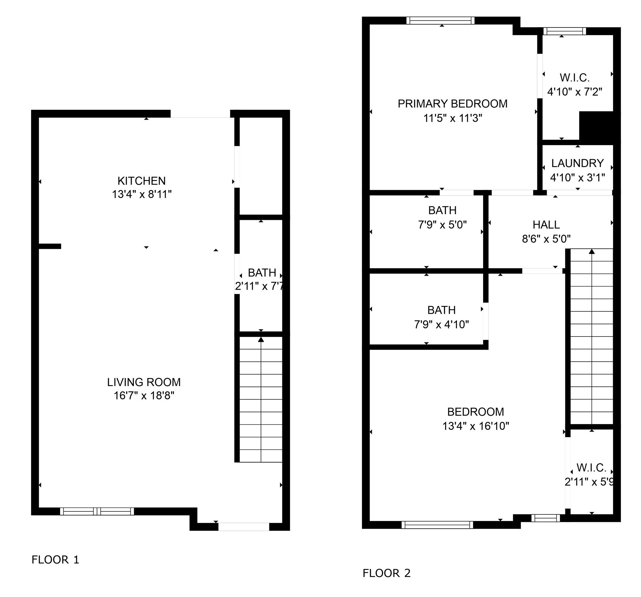 Two floor plans of a house with a living room, kitchen, two bathrooms, a primary bedroom, a secondary bedroom, and a hall.