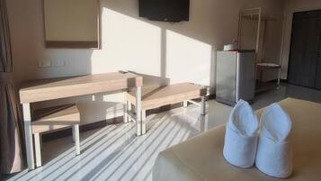 Desk, blackout drapes, soundproofing, free WiFi