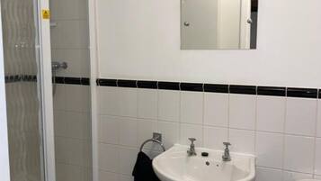 A bathroom with a white sink, a mirror, a toilet, and a shower.