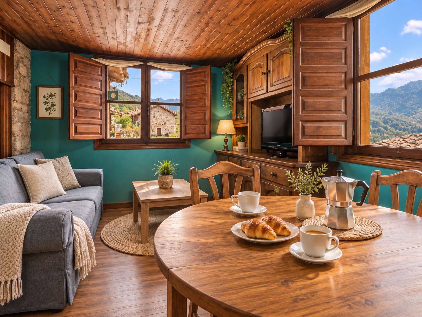 A cozy room with a wooden ceiling, a sofa, a dining table with croissants and coffee, and a TV.